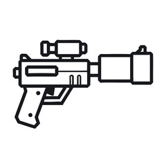 Obraz premium Pixel Art Weapon: Detailed Line Drawing of Futuristic Handgun with Scope