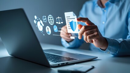 Compliance in business concept. Businessman using laptop with compliance icon, ensuring the enforcement of laws, regulations, and standards. Stay in line with business policies.