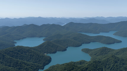 Beautiful mountain range with a lake in the middle. The lake is surrounded by trees and mountains. The sky is clear and blue, and the mountains are covered in trees. The scene is peaceful