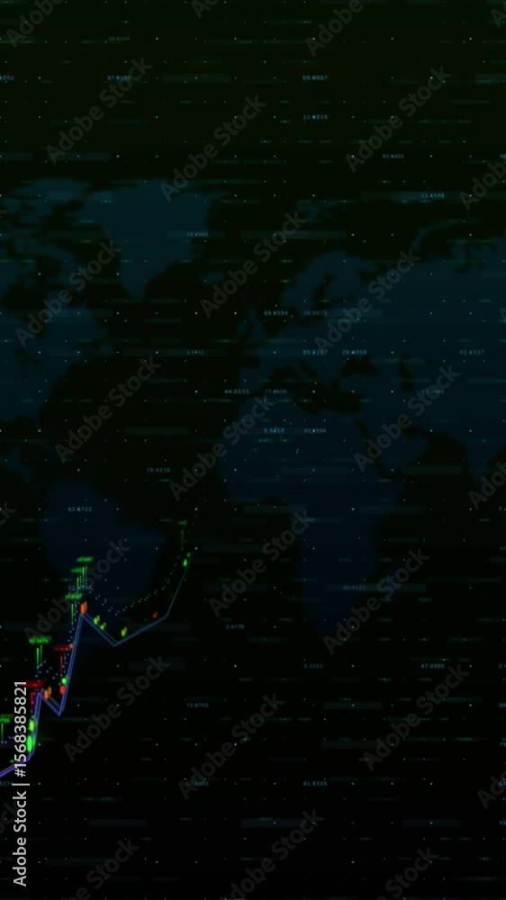 Poster digital animation of financial data processing over world map against black background