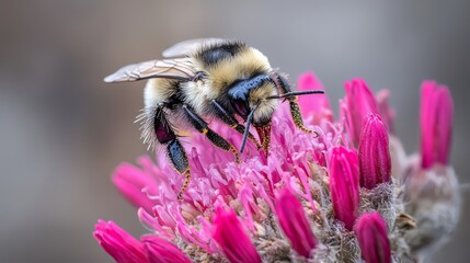 Bee is sitting on a pink flower. The flower is in full bloom and has a vibrant color. The bee is surrounded by the flower's petals, which are also pink