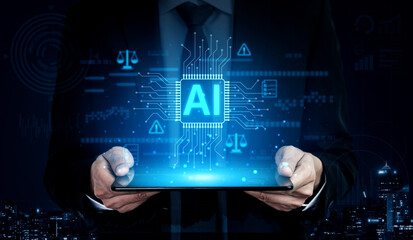 AI circuit microchip with glowing blue lines, surrounded by legal scales, warning symbols, data...