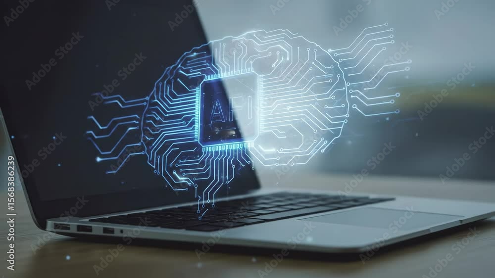 Poster ai brain circuitry on laptop screen - a laptop computer displays a glowing digital representation of