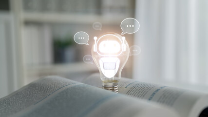 AI chatbot virtual assistant interacting with users through AI conversation bubbles, symbolizing AI...