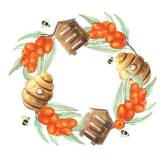 Watercolor wreath with sea buckthorn berries and beehives on a white background. Can be used in postcards, compositions, stickers.