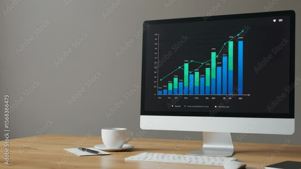 Poster business growth chart on modern desktop computer - a modern desktop computer displays a vibrant bar 
