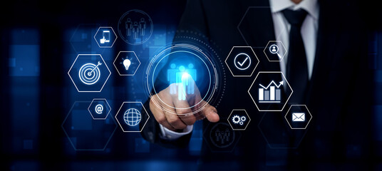 Business teamwork system showing digital communication and performance tracking. Teamwork improves...