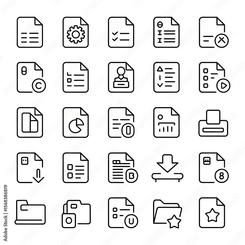 Poster set of 30 black and white outline icons representing various concepts