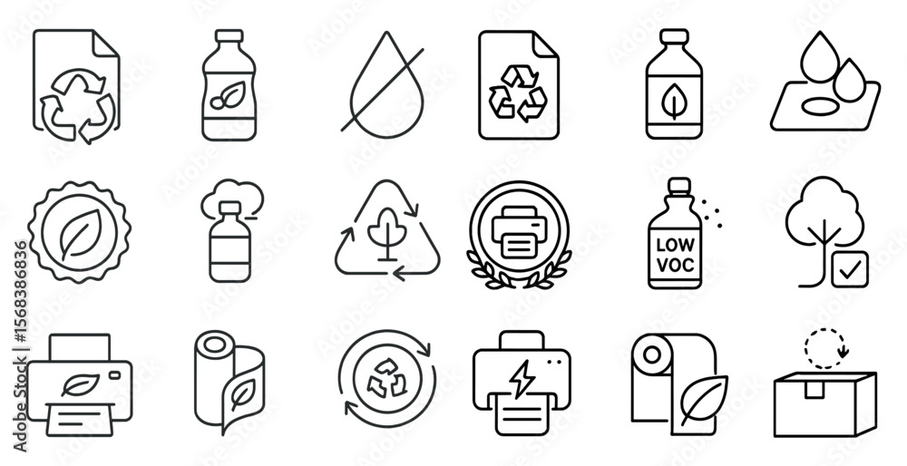Poster set of icons for recycling and reusing. the icons include a tree, a bottle, a box, a printer, and a 