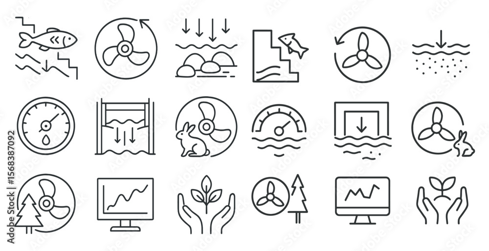 Fototapete series of icons that represent different things such as a clock, a fish, a tree, and a computer