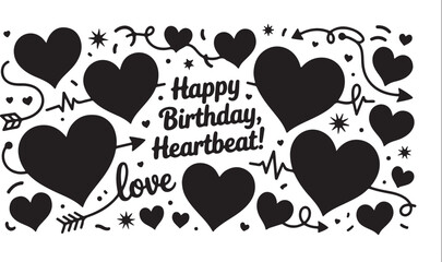 Vector art of happy birthday heartbeat with black hearts and love