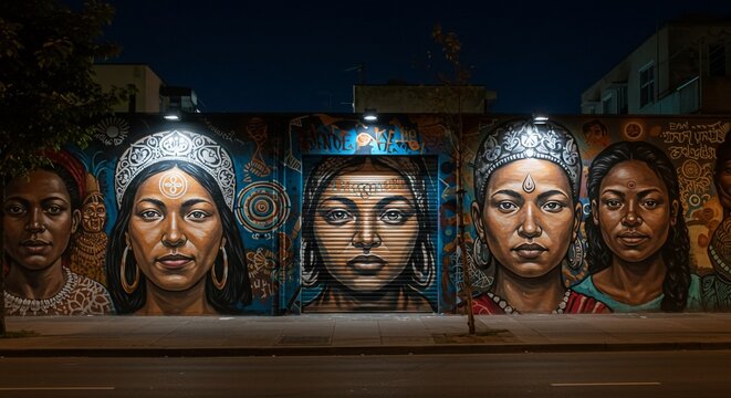 Vibrant mural depicting diverse women's faces on a city wall at night.