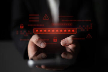 Password security breach warning with red asterisk box, cybersecurity alert, lock icons, and...