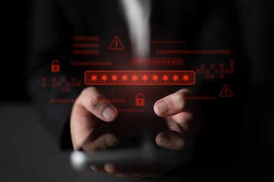 Password security breach warning with red asterisk box, cybersecurity alert, lock icons, and critical vulnerability signals in digital system access Latch