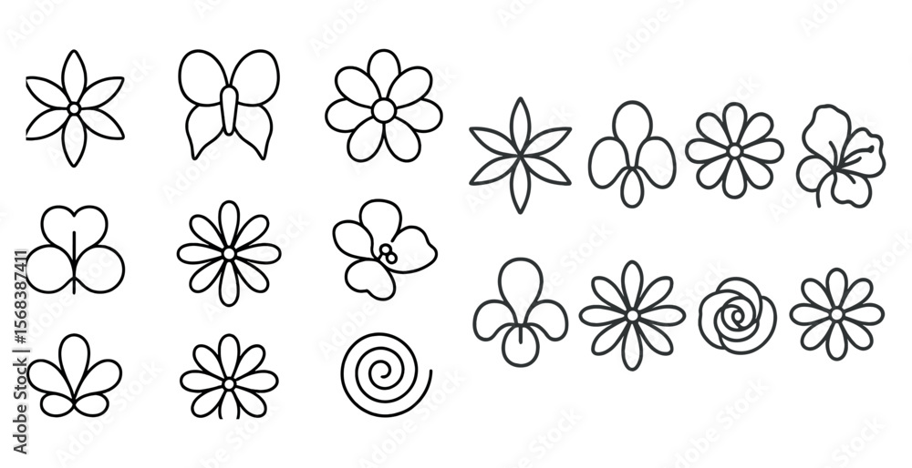 Poster series of flower designs are shown in black and white. the flowers are arranged in a grid, with some