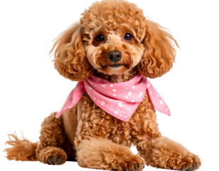 Verspielter Miniature-Poodle mit rosa Halstuch – Sitzend in lockerer Pose, PNG