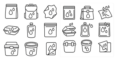 Set of icons depicting various containers and bags, including a lunch bag, a lunch box, a plastic container, a plastic bag, a plastic cup, a plastic bottle, a plastic bowl, a plastic container, a pl