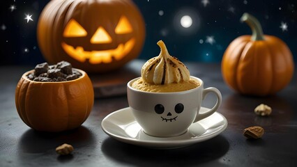 Create funny Halloween Pumpkin astronauts floating in space, carving moon rocks into jack-o'-lanterns while sipping zero-gravity pumpkin spice lattes.