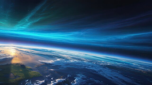 Stunning earth view from space featuring atmosphere and auroral lights above the horizon in a vivid and abstract artistic composition.