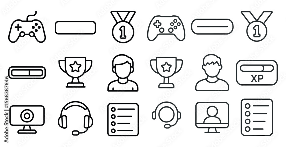 Poster collection of icons for video games and other computer-related activities. the icons include a contr