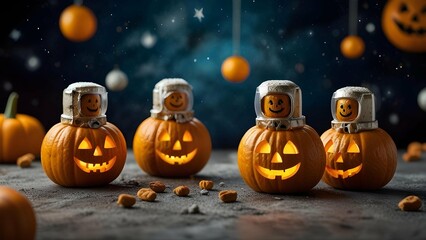 Create funny Halloween Pumpkin astronauts floating in space, carving moon rocks into jack-o'-lanterns while sipping zero-gravity pumpkin spice lattes.