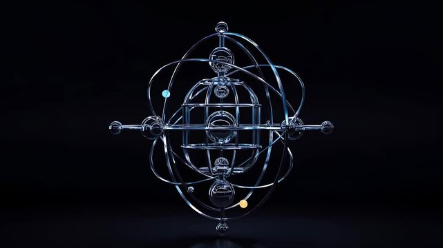 Abstract model of atomic structure with glowing elements in dark background  
