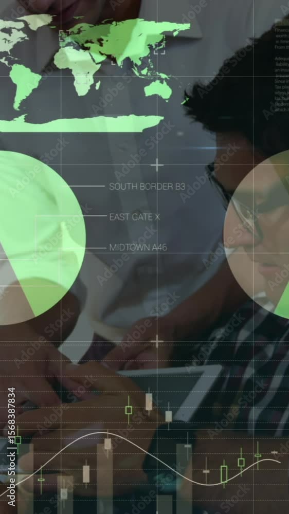 Poster animation of data processing and graphs over caucasian men working in office