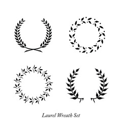 Set of black and white silhouette circular laurel foliate and wheat wreaths design elements
