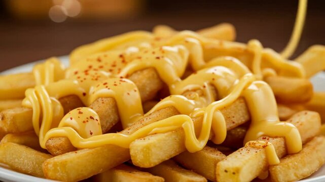 Melted Cheese Sauce Drizzled Over Golden French Fries - Close-up shot of crispy french fries generously covered in a rich, golden cheese sauce.