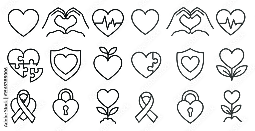 Poster collection of heart icons with a key and a lock. the key is on the left and the lock is on the right