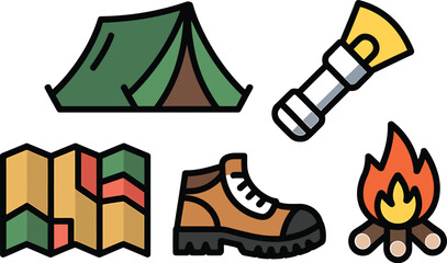 Illustration of camping gear including a tent map boot flashlight and campfire
