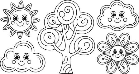 A coloring page featuring a sun cloud tree and flower with smiling faces drawn