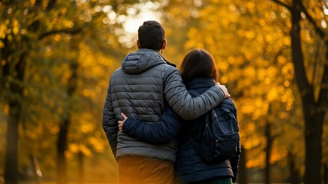 A loving young couple seen from behind, walking with arms around each other through a beautiful golden autumn park.