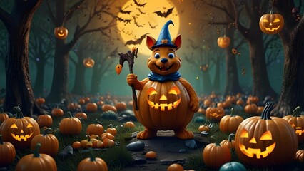 Create funny 3D Halloween royal pumpkin king riding a squirrel steed through a haunted candy forest, waving to gummy bear citizens.