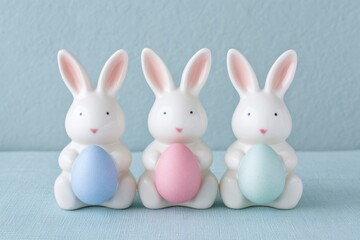 Obraz premium Three ceramic bunnies holding pastel-colored eggs, arranged in a row against a soft blue background, creating a cheerful and festive atmosphere for spring celebrations