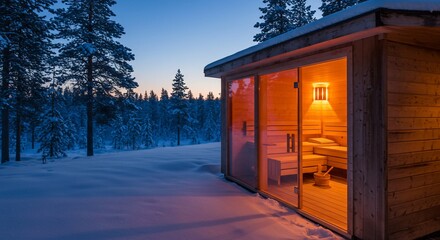 Warm Sauna Glow Illuminates Snowy Winter Landscape at Dusk with Trees