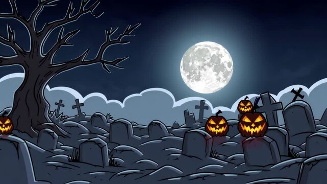 halloween pumpkin night scary in the graveyard, dark concept, cartoon or anime style animation looping video animated background