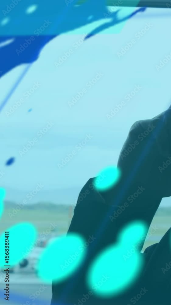 Poster animation of world map and data processing over businessman using smartphone at airport