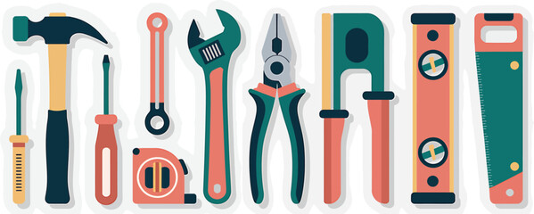 A flat lay illustration of various hand tools arranged on a white background