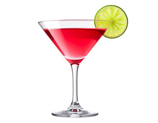 Cosmopolitan Cocktail in klassischem Martini-Glas mit Limettenscheibe – freigestellt auf transparentem Hintergrund