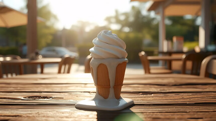 soft serve vanilla ice cream in waffle cone with blurred outdoor summer background