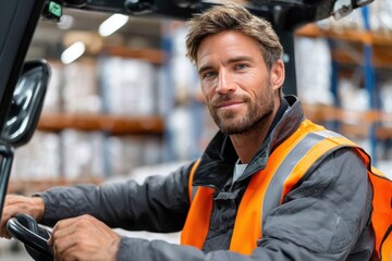 Man operating forklift in warehouse during daylight hours showcases safety gear and professionalism