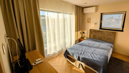 Modern luxury bedroom interior in minimal scandinavian style, 3d render