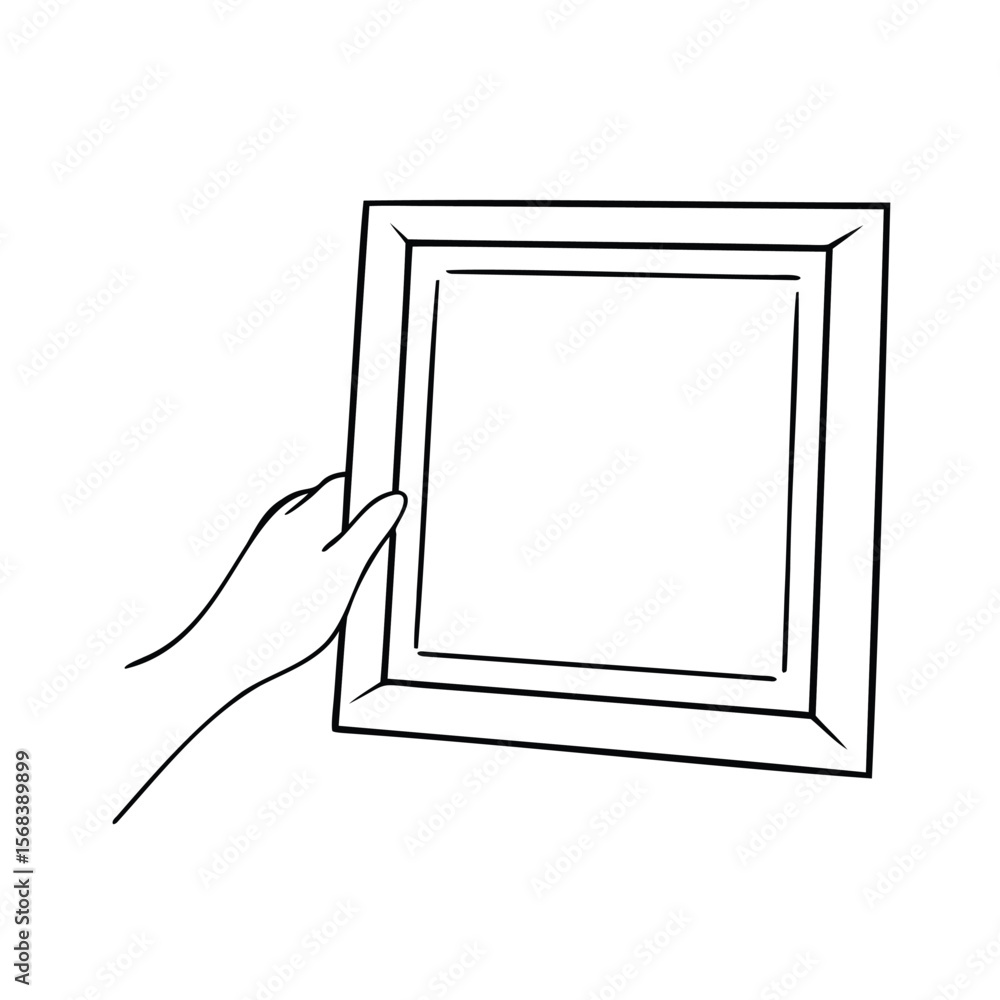 Poster outline hand holding empty picture frame on vector