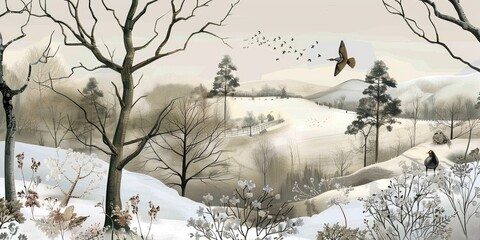 Winter wonderland with snow-covered fields and trees.