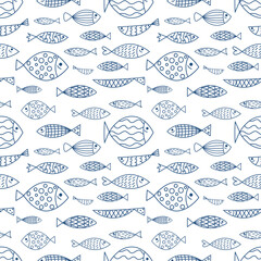 Vector seamless horizontal border with fish. Cute illustration. Sardines, salmon, tuna, flounder