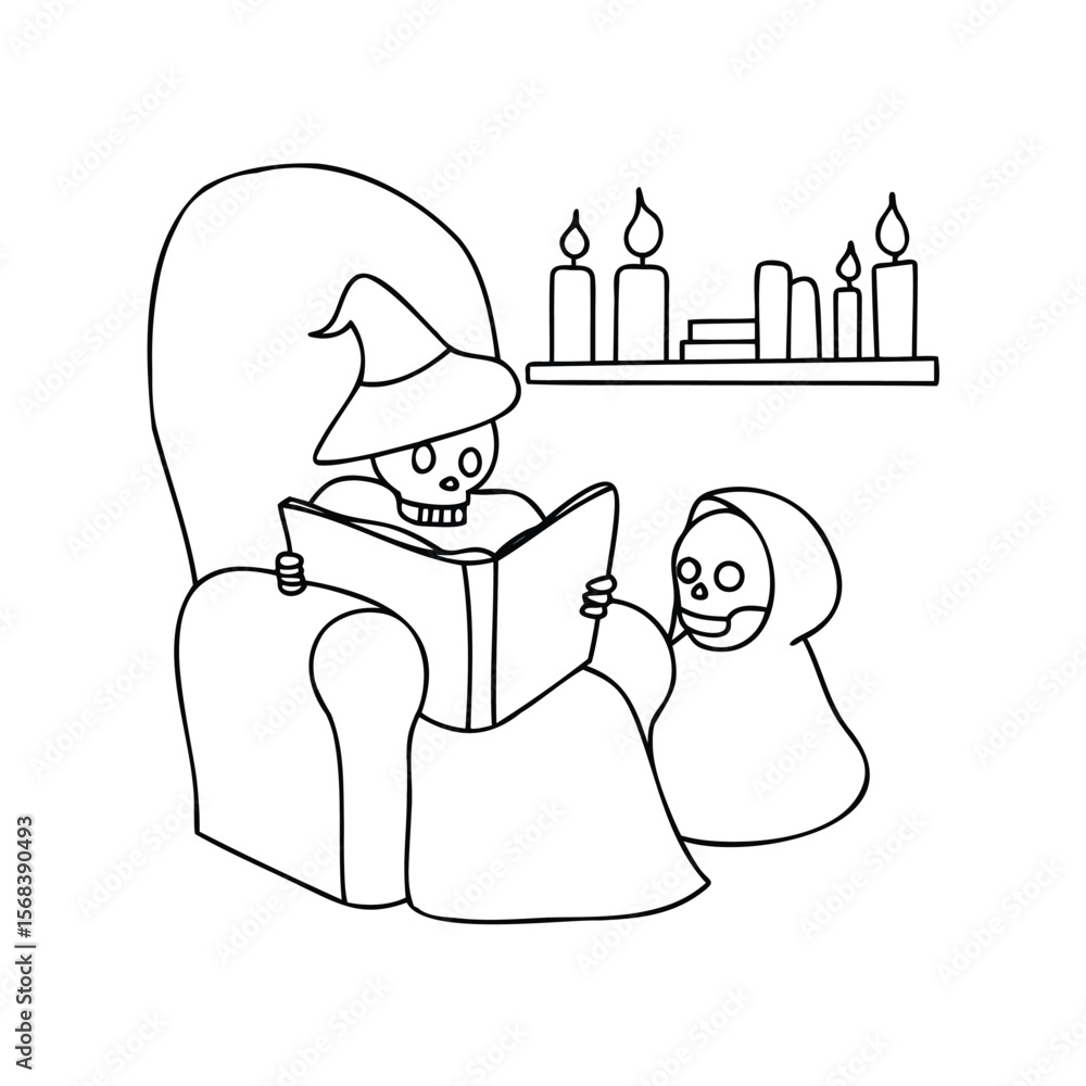 Poster skeleton witch reading a book to a ghost child in a vector