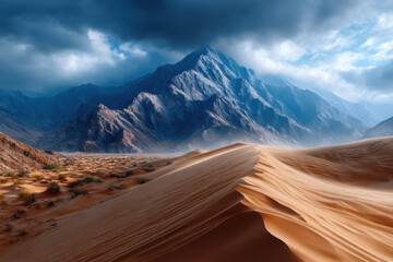 Naklejka premium Stunning desert landscape with mountains under dramatic sky at sunrise