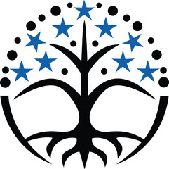Symbolic Tree: A symbolic depiction of a tree with blue stars and black dots, representing growth, potential, and interconnectedness.