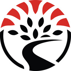 Red and Black Tree Logo: Abstract logo design featuring a stylized tree with red and black color scheme, symbolizing growth, nature, and journey.